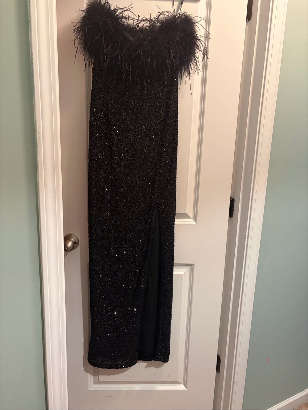 Club L London Black Sequin Strapless Feather-Trim Gown